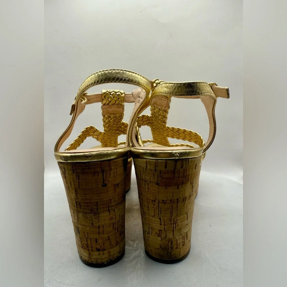 Kate Spade Becca Braided Gold Metallic Leather Wedge‎ Sandals Women's Size 8.5
